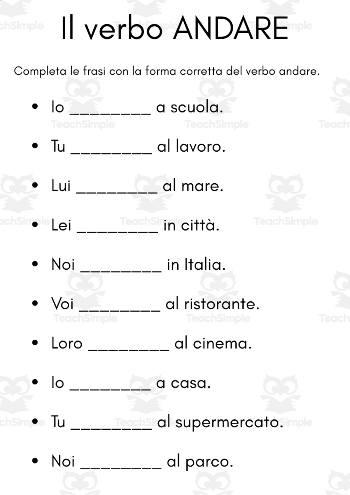 An educational teaching resource from MultiLingual Grammar Lab entitled Il verbo ANDARE - italian verb andare exercises downloadable at Teach Simple.