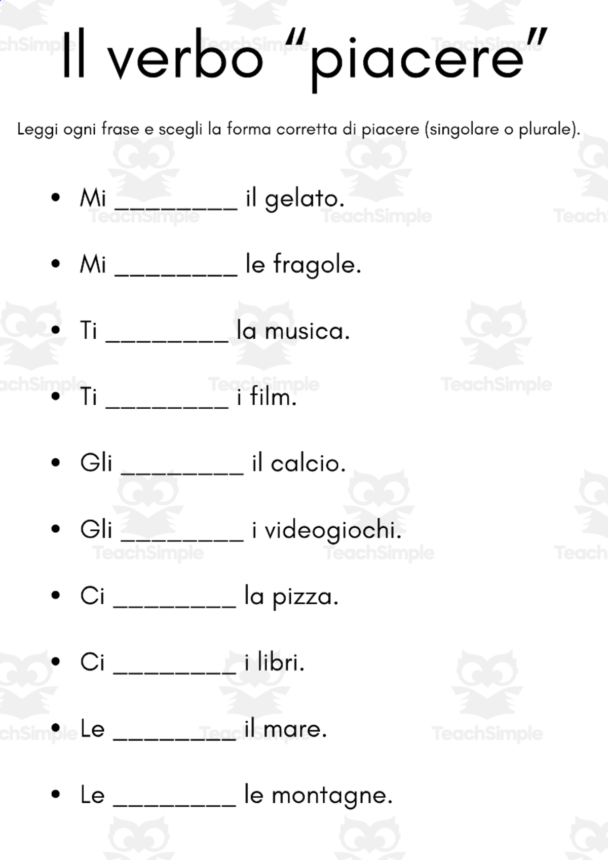 An educational teaching resource from MultiLingual Grammar Lab entitled Il verbo “piacere” - italian verb piacere exercises downloadable at Teach Simple.