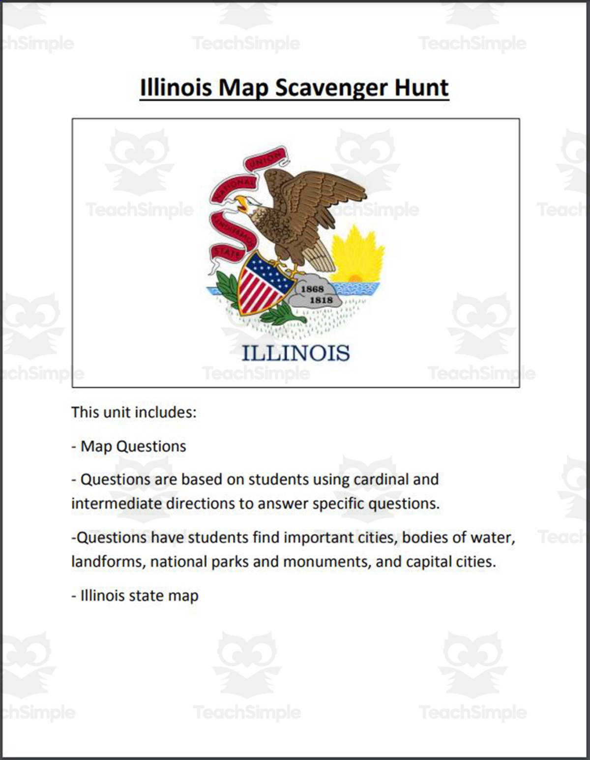 An educational teaching resource from Mr. Matthews Teacher Store entitled Illinois Map Scavenger Hunt downloadable at Teach Simple.