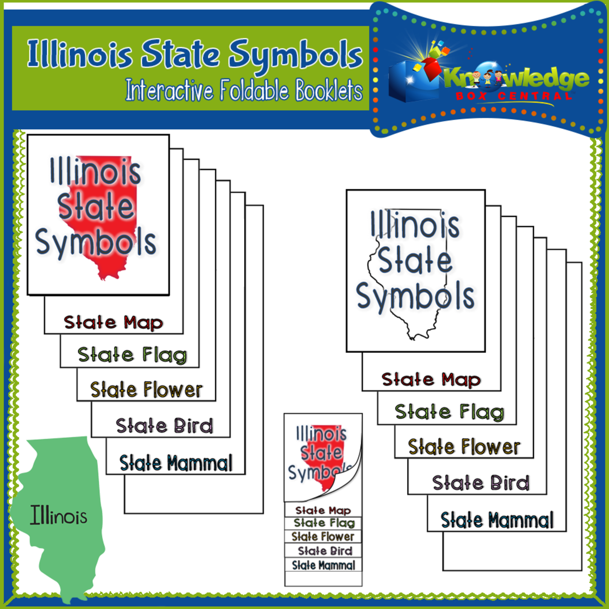 An educational teaching resource from Knowledge Box Central entitled Illinois State Symbols Interactive Foldable Booklets - EBOOK downloadable at Teach Simple.
