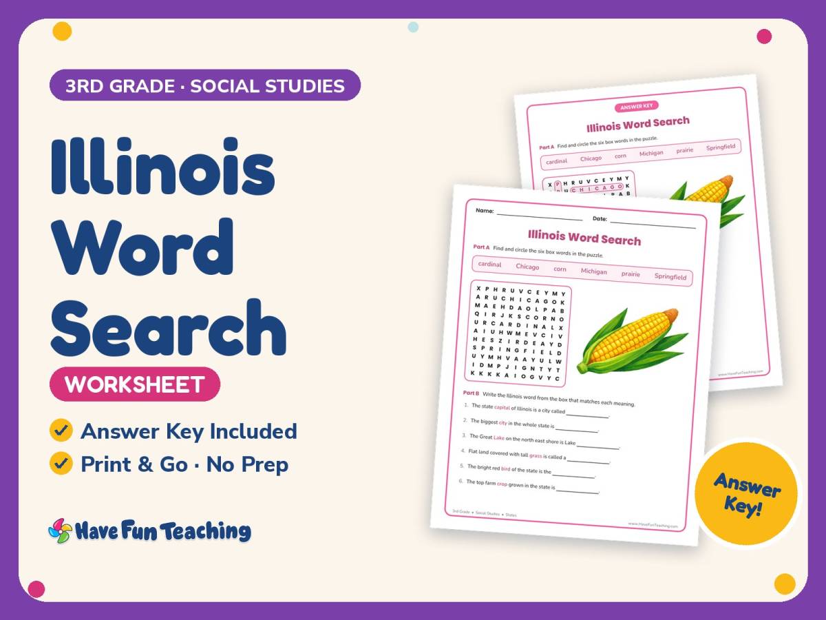 Illinois Word Search Worksheet – 3rd Grade States Practice preview
