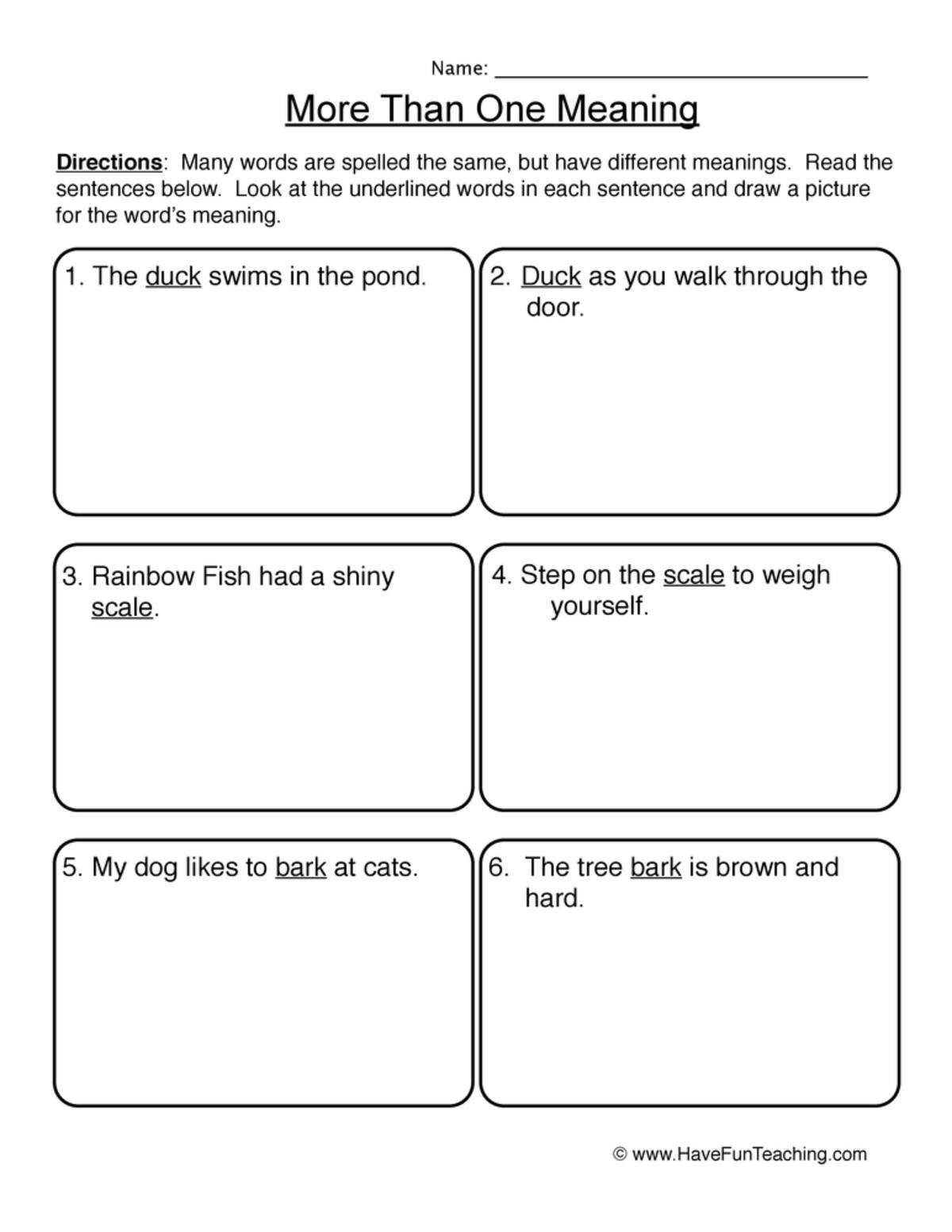 An educational teaching resource from Have Fun Teaching entitled Illustrating Multiple Meaning Worksheet downloadable at Teach Simple.