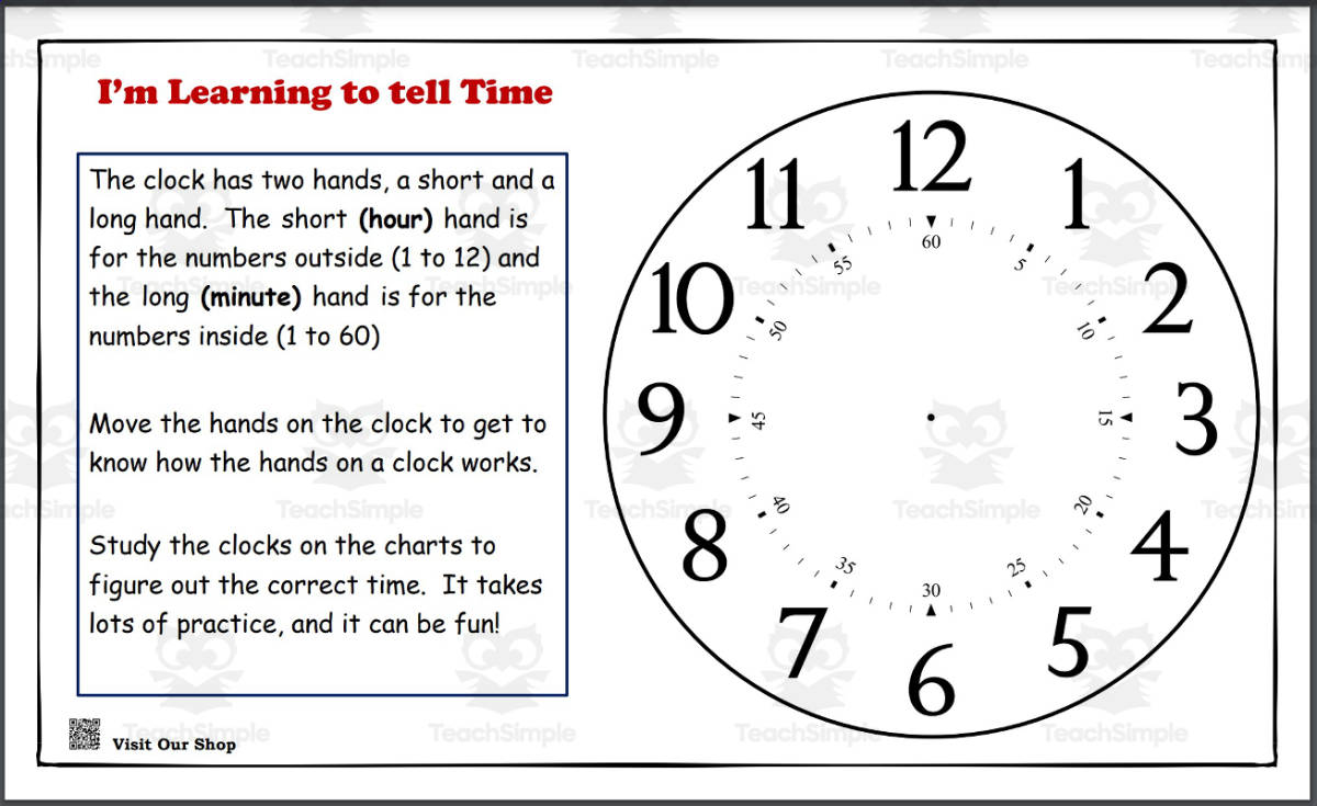 An educational teaching resource from KD's Kids School Shop entitled I’m Learning to tell Time Preschool ● Kinder ●1st Grade ● Homeschool Activity Set downloadable at Teach Simple.