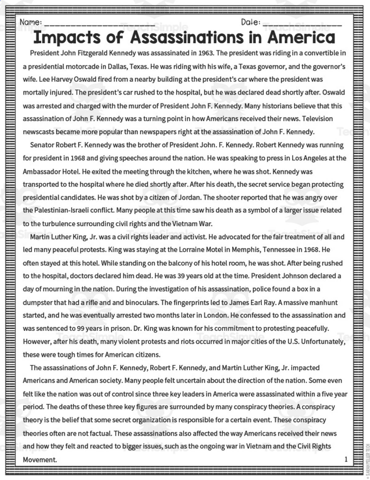 An educational teaching resource from Sarah Miller Tech entitled Impacts of Assassinations in America Reading Packet downloadable at Teach Simple.