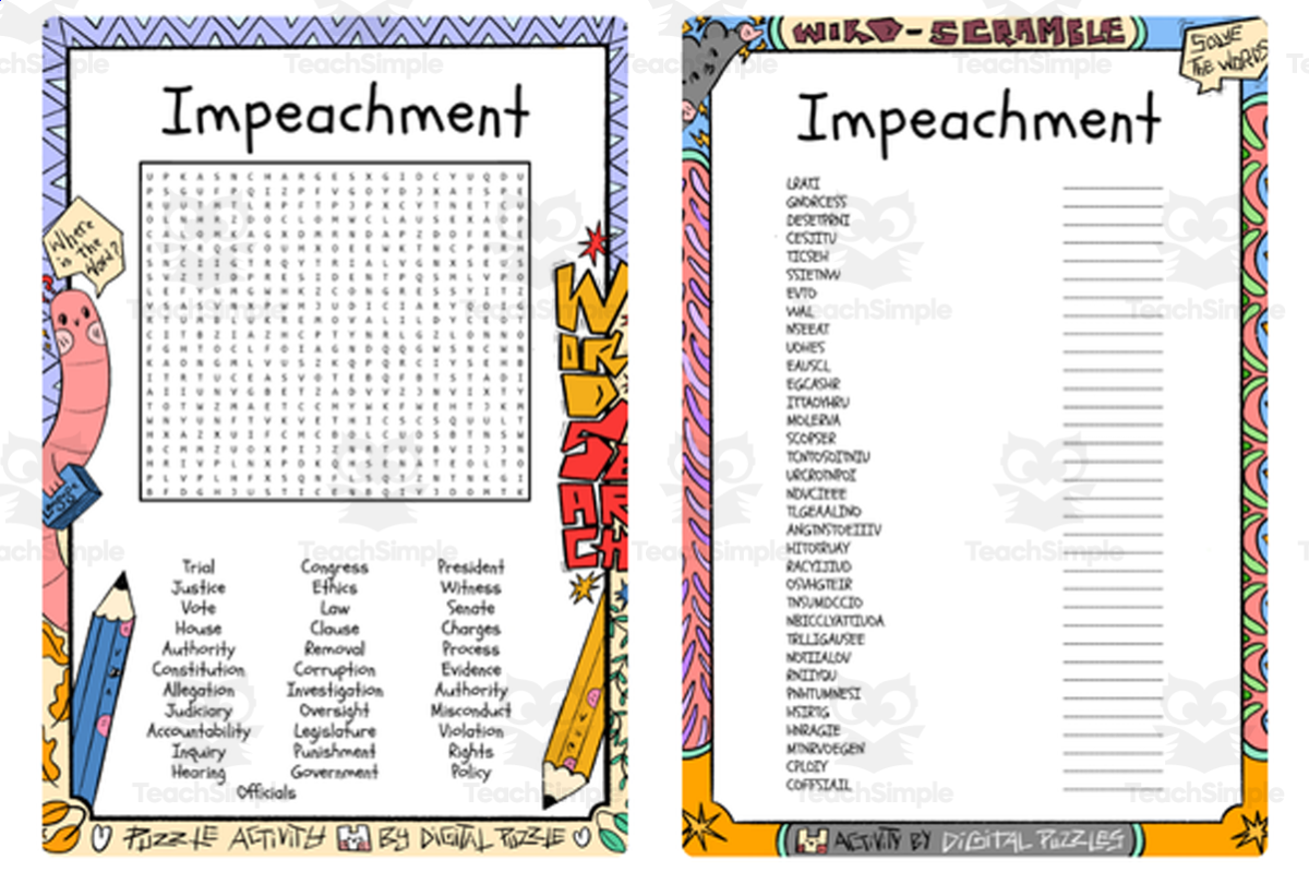 An educational teaching resource from Lapiiin Art Activities entitled Impeachment word search & scramble downloadable at Teach Simple.