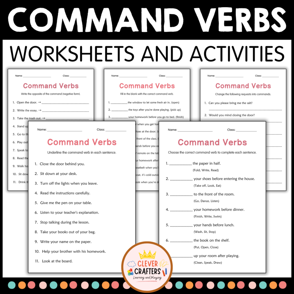 An educational teaching resource from Clever Crafters entitled Imperatives Command Verbs Grammar Practice Worksheet for Grade 1, 2, 3 downloadable at Teach Simple.