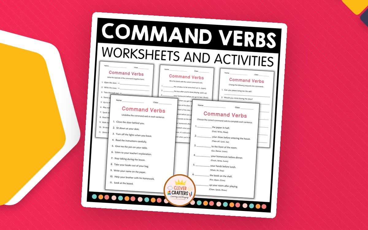 An educational teaching resource from Clever Crafters entitled Imperatives Command Verbs Grammar Practice Worksheet for Grade 1, 2, 3 downloadable at Teach Simple.