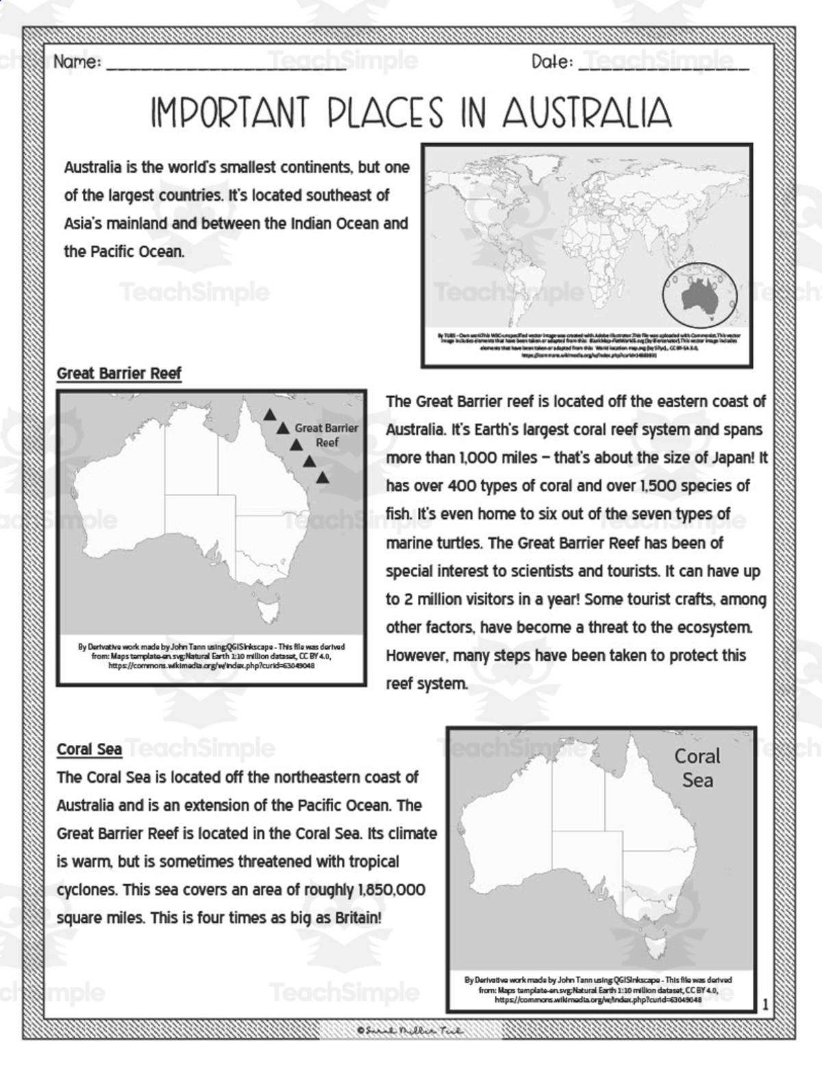An educational teaching resource from Sarah Miller Tech entitled Important Places in Australia Reading Packet downloadable at Teach Simple.