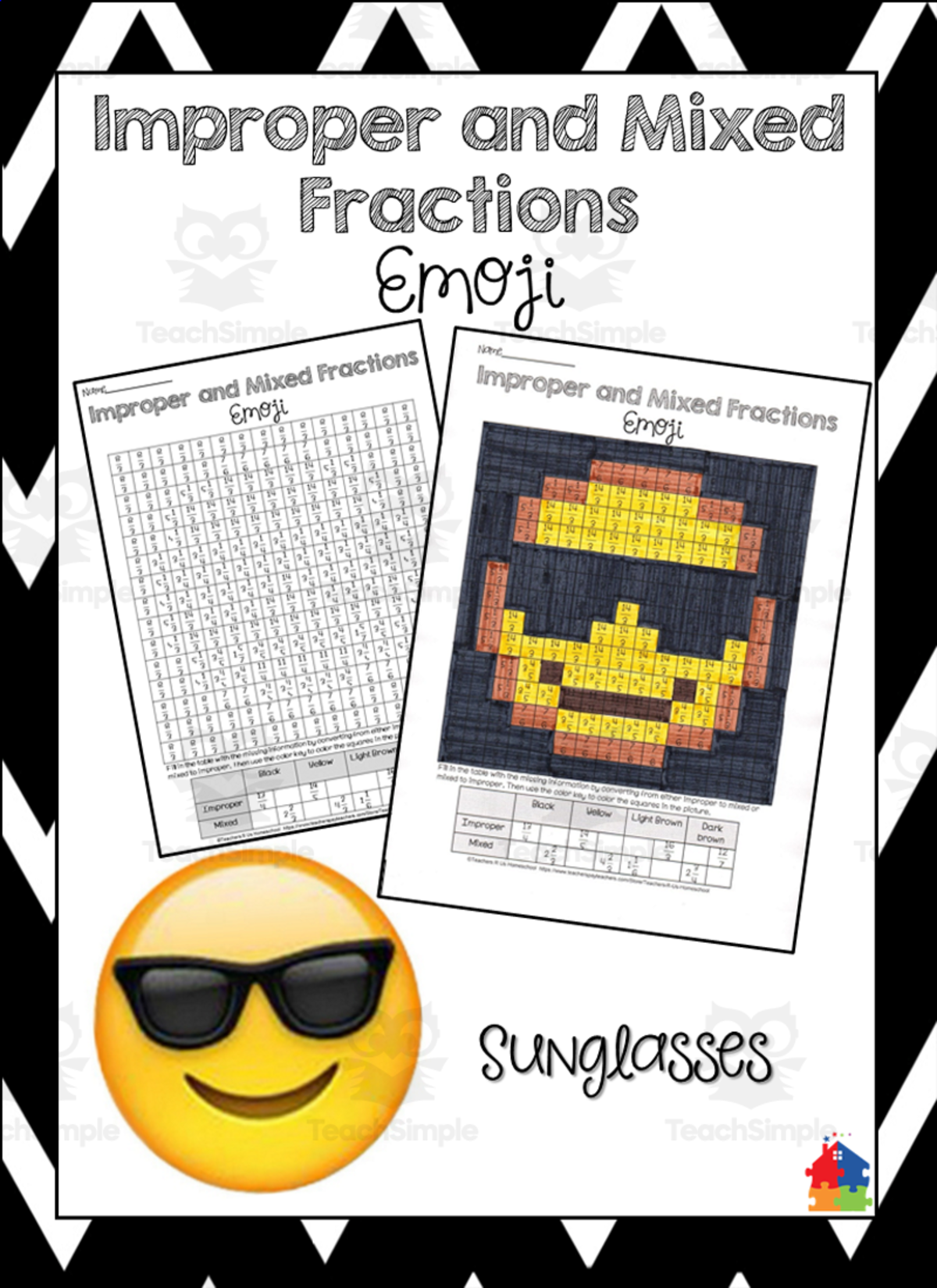 An educational teaching resource from Teachers R Us Homeschool entitled Improper & Mixed Fractions - Sunglasses Emoji downloadable at Teach Simple.
