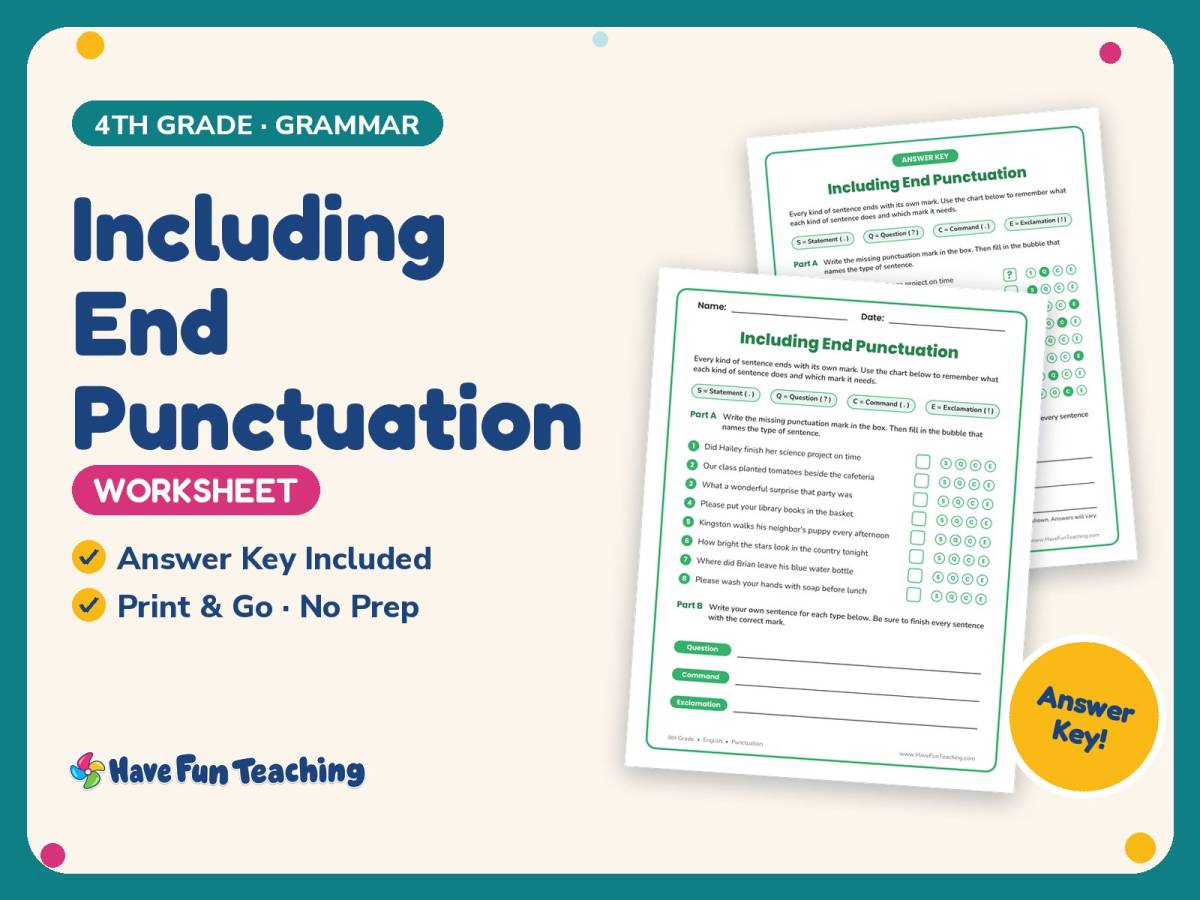 Including End Punctuation Worksheet – 4th Grade Grammar Practice preview