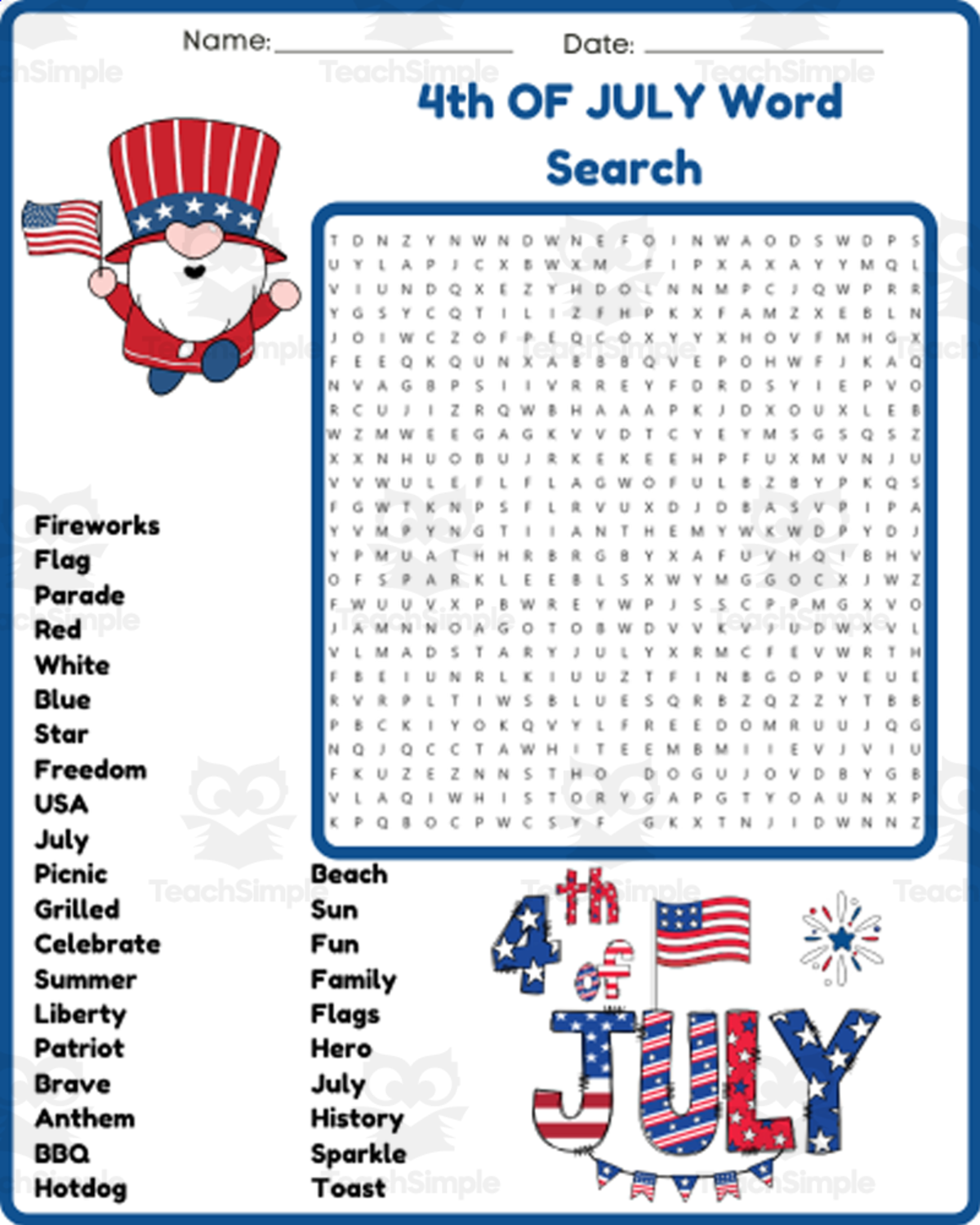 An educational teaching resource from space shope entitled INDEPENDENCE DAY - 4th OF JULY Word Search Worksheet Activity downloadable at Teach Simple.