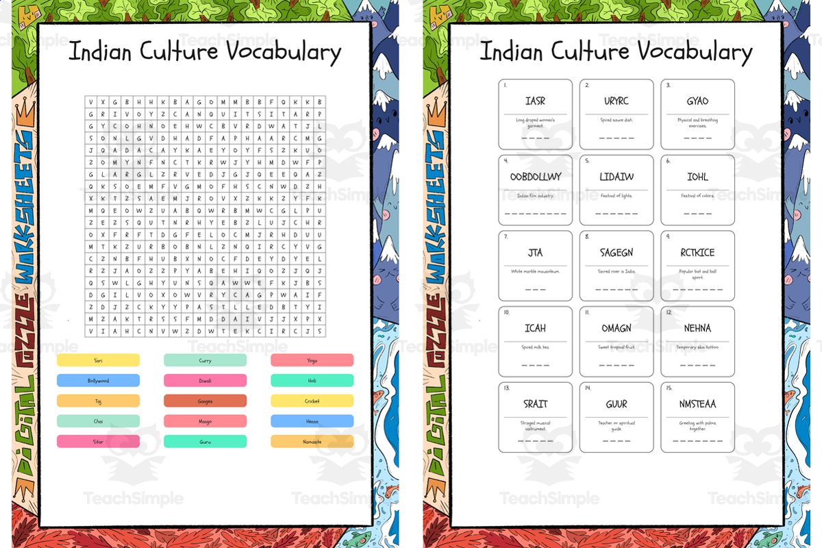 An educational teaching resource from Lapiiin Art Activities entitled Indian Culture Vocabulary word search, scramble and crossword puzzle downloadable at Teach Simple.