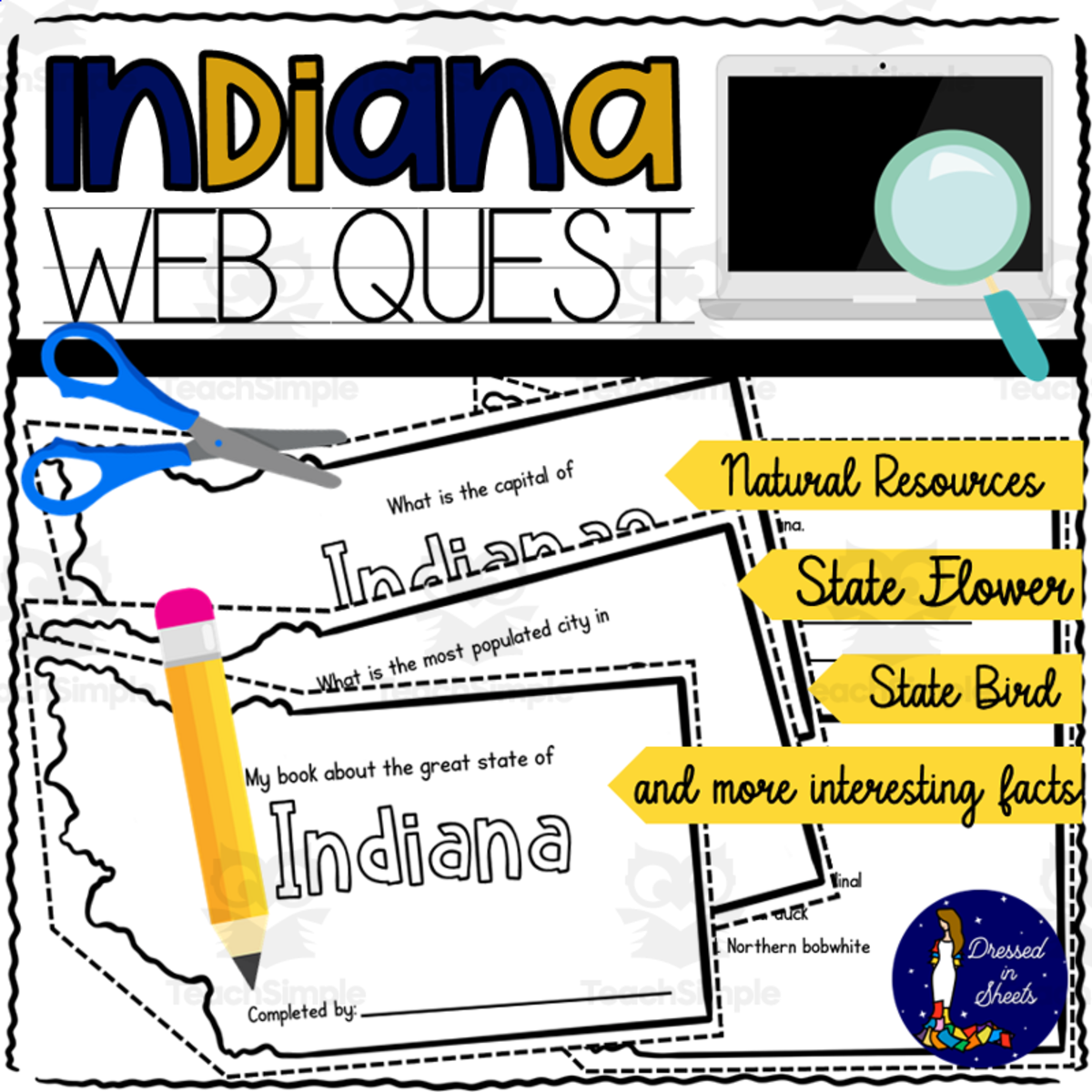 An educational teaching resource from Soumara Siddiqui entitled Indiana WebQuest Printable Book downloadable at Teach Simple.