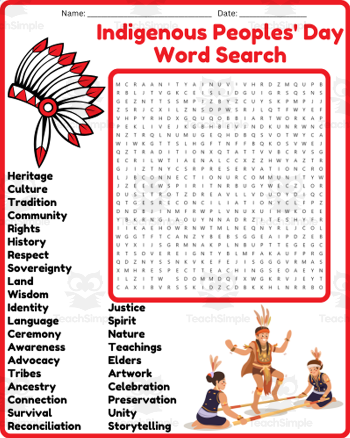 An educational teaching resource from space shope entitled Indigenous Peoples' Day Word Search Puzzle Worksheet Activities downloadable at Teach Simple.