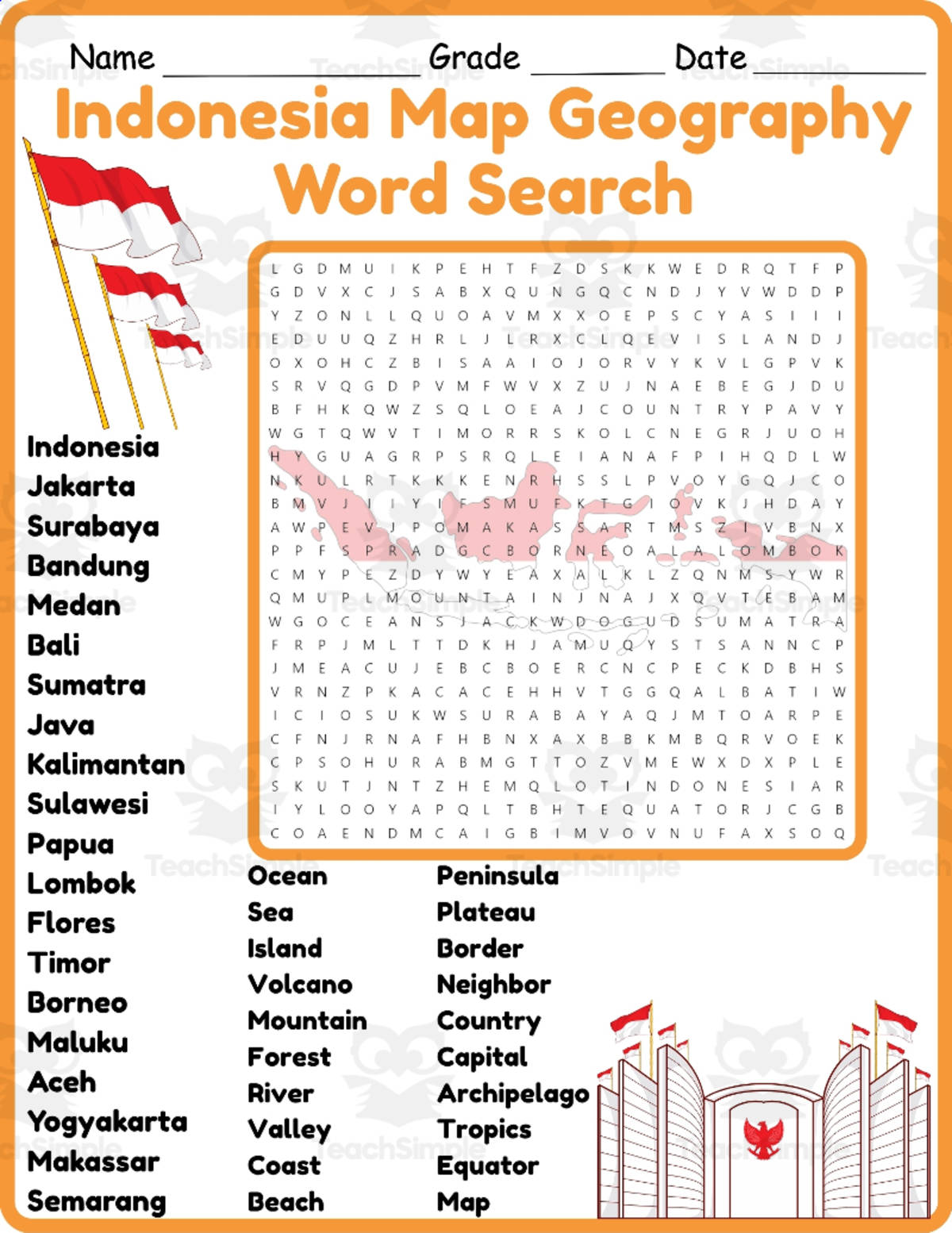 An educational teaching resource from Classsimple entitled Indonesia Map Geography Word Search 2rd 3th 4th 5th Grade worksheet downloadable at Teach Simple.