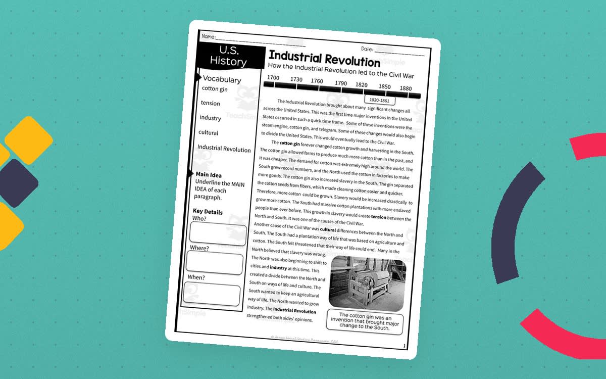 An educational teaching resource from Sarah Miller Tech entitled Industrial Revolution + the Civil War Reading Packet downloadable at Teach Simple.
