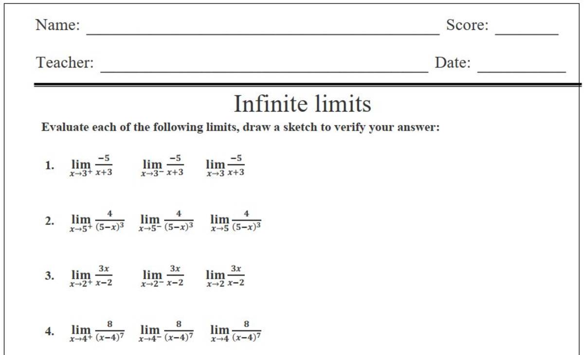An educational teaching resource from Maths Support Centre entitled Infinite Limits Worksheet – Calculus Practice downloadable at Teach Simple.