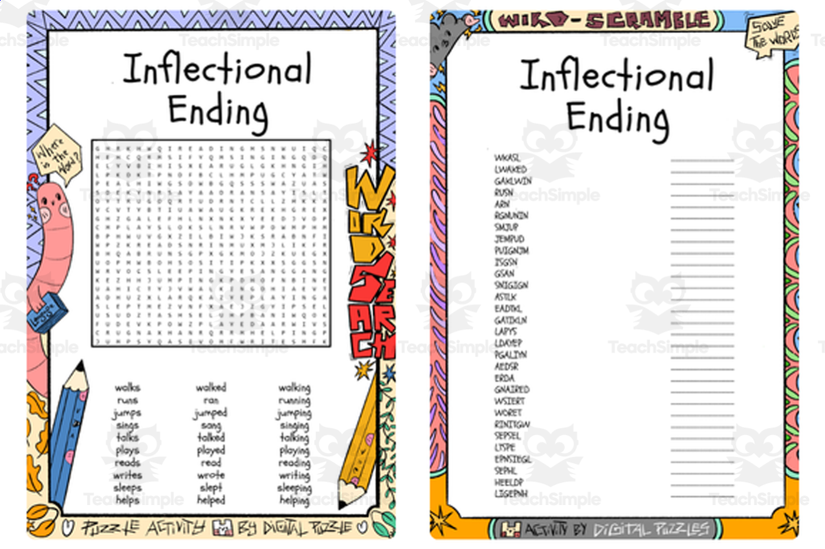 An educational teaching resource from Lapiiin Art Activities entitled Inflectional Ending word search & scramble downloadable at Teach Simple.
