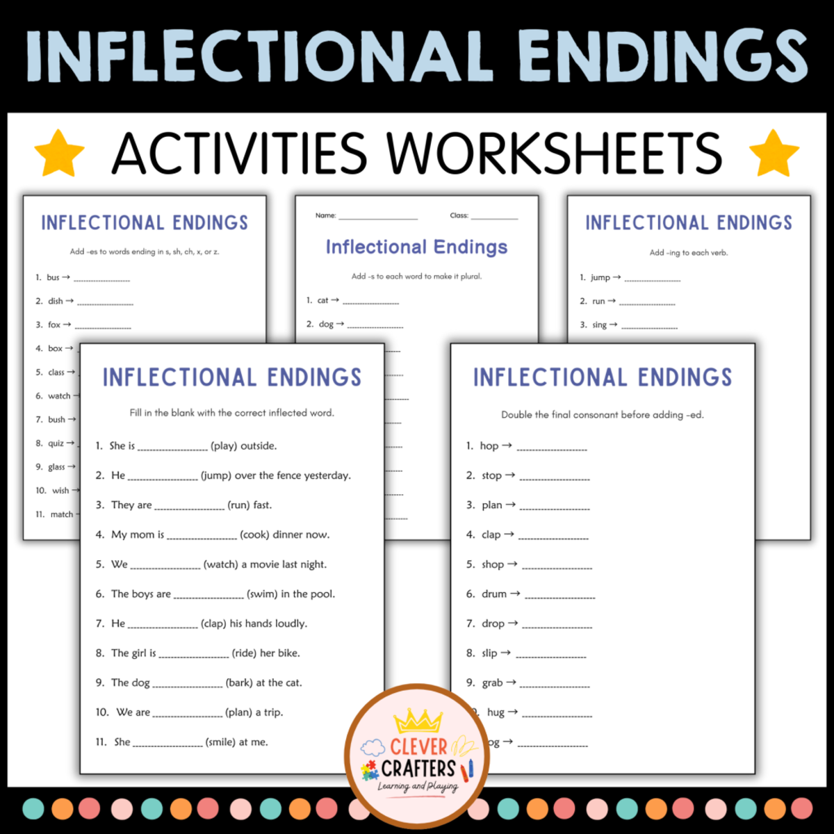 An educational teaching resource from Clever Crafters entitled Inflectional Endings Grammar Worksheets – ing, -ed, -s, -er, -est downloadable at Teach Simple.