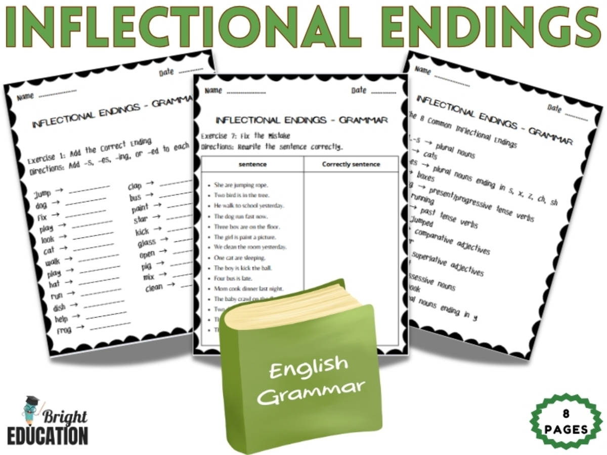 An educational teaching resource from Bright Education entitled Inflectional Endings Grammar Worksheets | Suffixes -s, -es, -ed & -ing downloadable at Teach Simple.