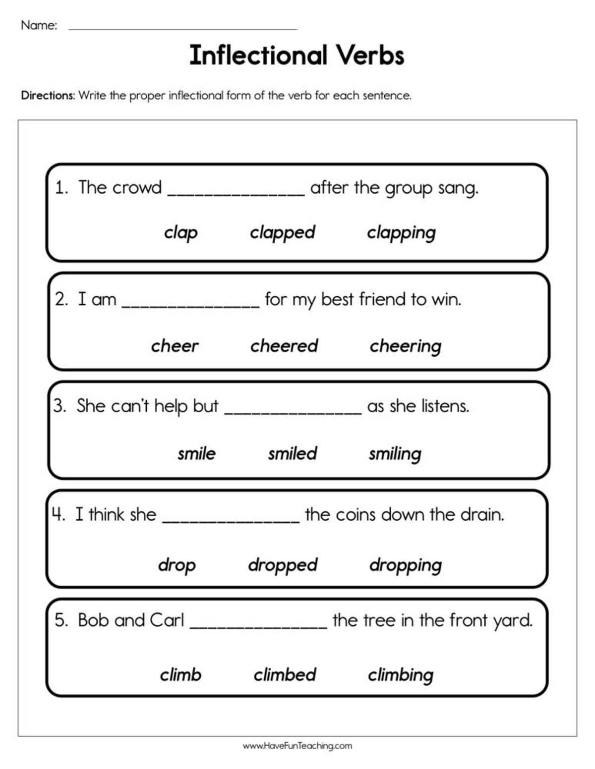 An educational teaching resource from Have Fun Teaching entitled Inflectional Verbs Worksheet downloadable at Teach Simple.
