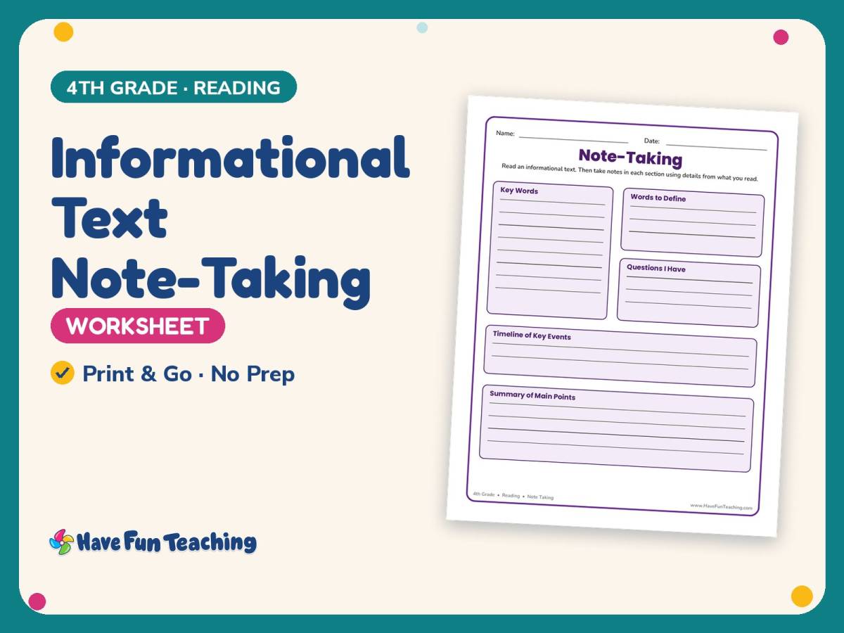 Informational Text Note-Taking Worksheet – 4th Grade Note Taking preview