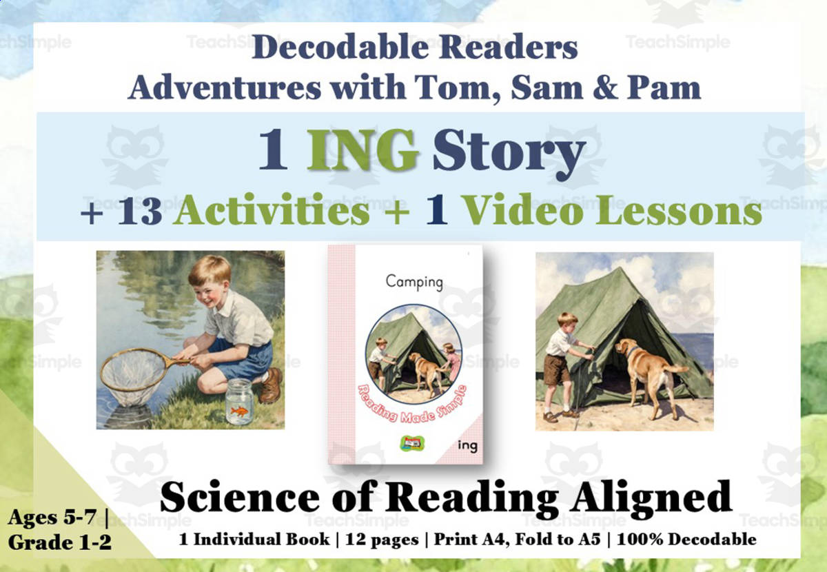 An educational teaching resource from Lilibette's Resources entitled ING Suffix: 1 Decodable Reading Book + 1 Video Lesson + 13 Worksheets downloadable at Teach Simple.
