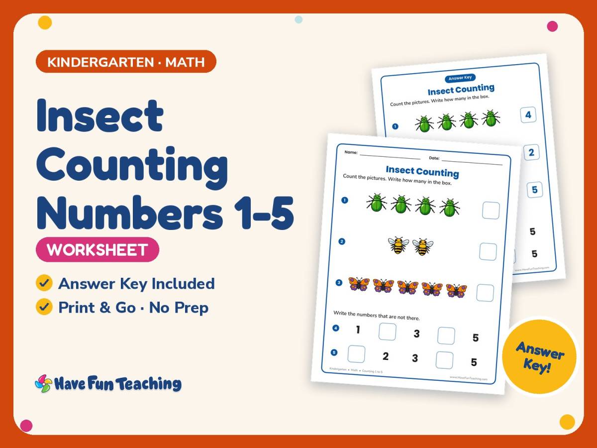 Insect Counting Numbers 1-5 Worksheet – Kindergarten Insects Practice preview