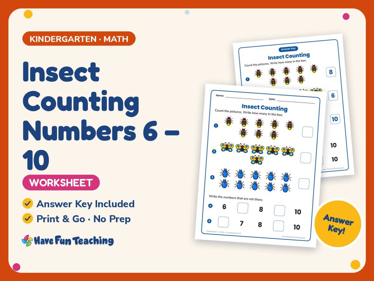 Insect Counting Numbers 6 – 10 Worksheet – Kindergarten Insects preview