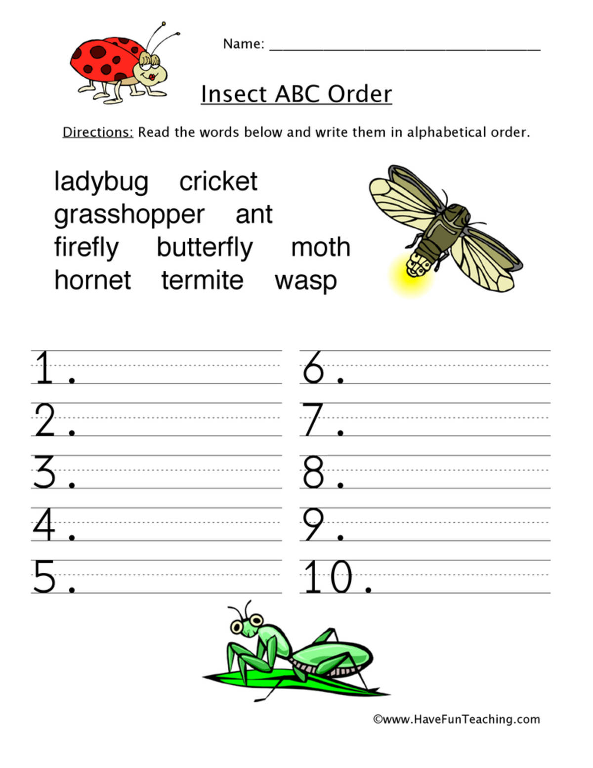 An educational teaching resource from Have Fun Teaching entitled Insects Alphabetical Order Worksheet downloadable at Teach Simple.