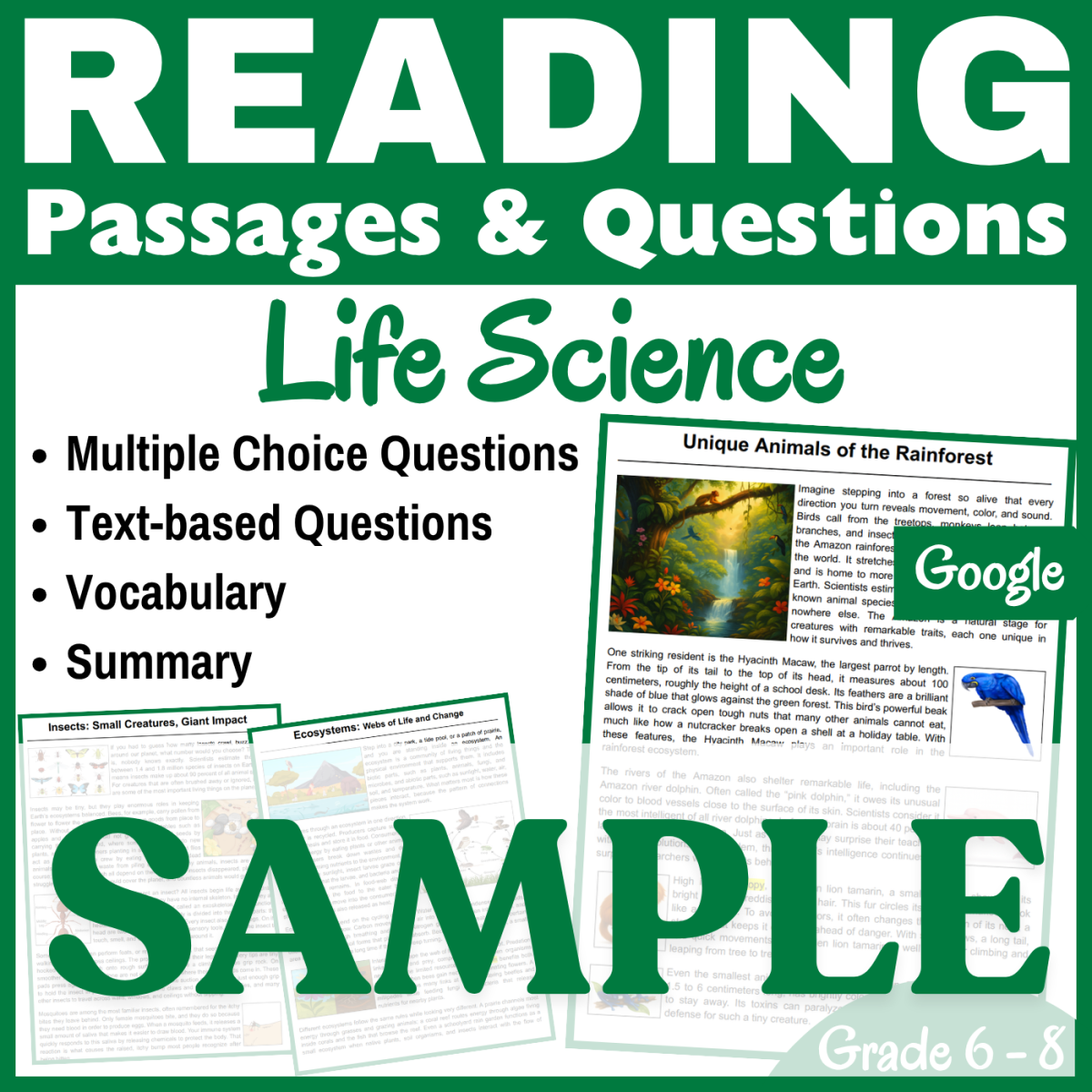 An educational teaching resource from CORED Education - Middle & High School entitled Insects, Animals, & Ecosystems: SAMPLE Reading passage (Docs) downloadable at Teach Simple.