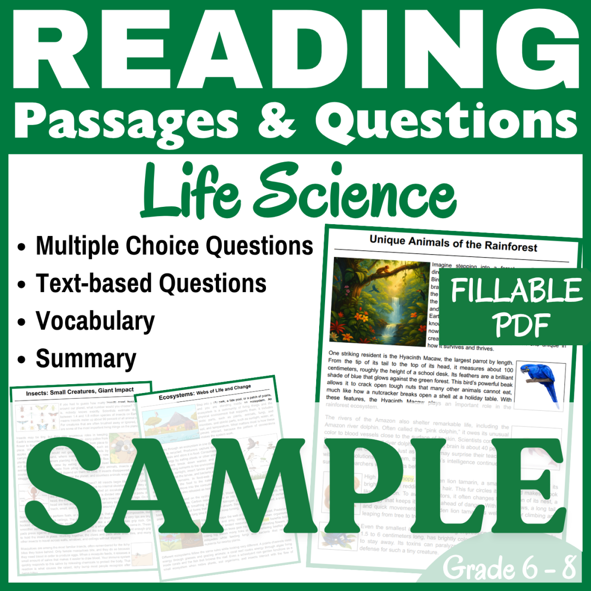 An educational teaching resource from CORED Education - Middle & High School entitled Insects, Animals, & Ecosystems: SAMPLE Reading passage (FILLABLE PDF) downloadable at Teach Simple.