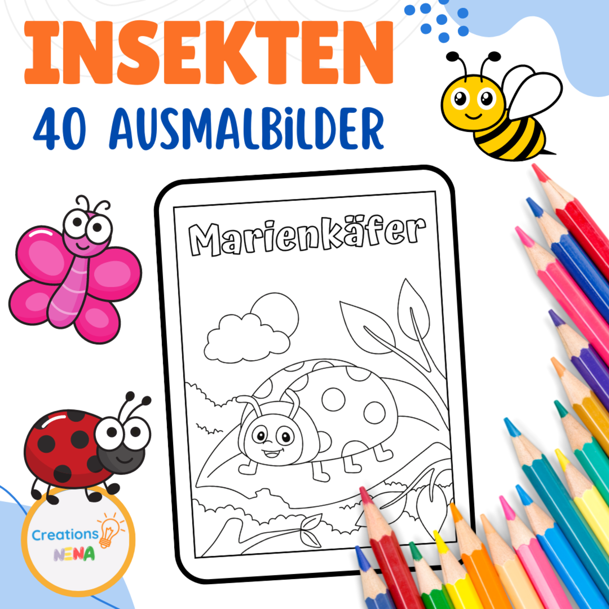An educational teaching resource from Nena Creations entitled Insects Coloring Pages in German downloadable at Teach Simple.