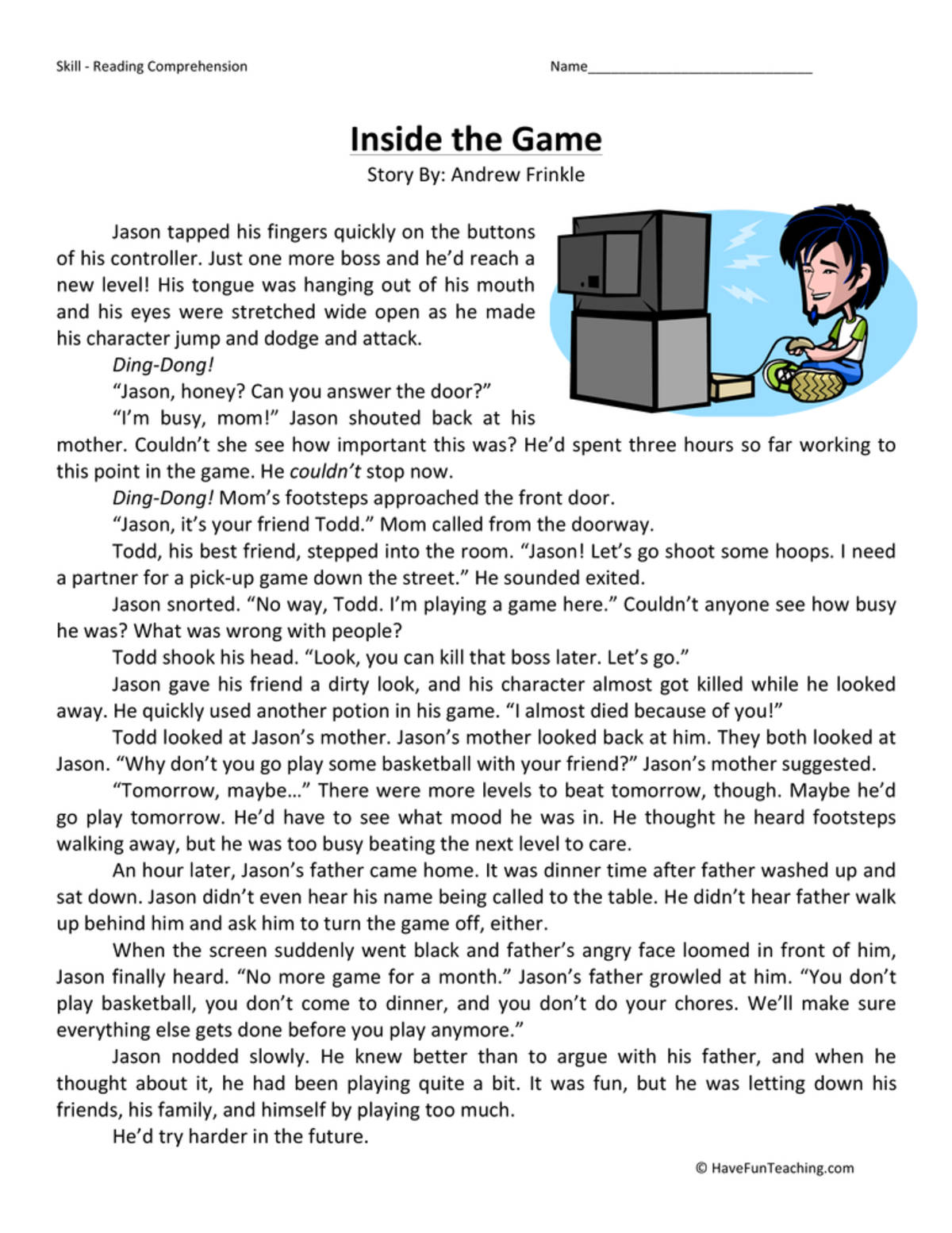 An educational teaching resource from Have Fun Teaching entitled Inside the Game Reading Comprehension Worksheet downloadable at Teach Simple.