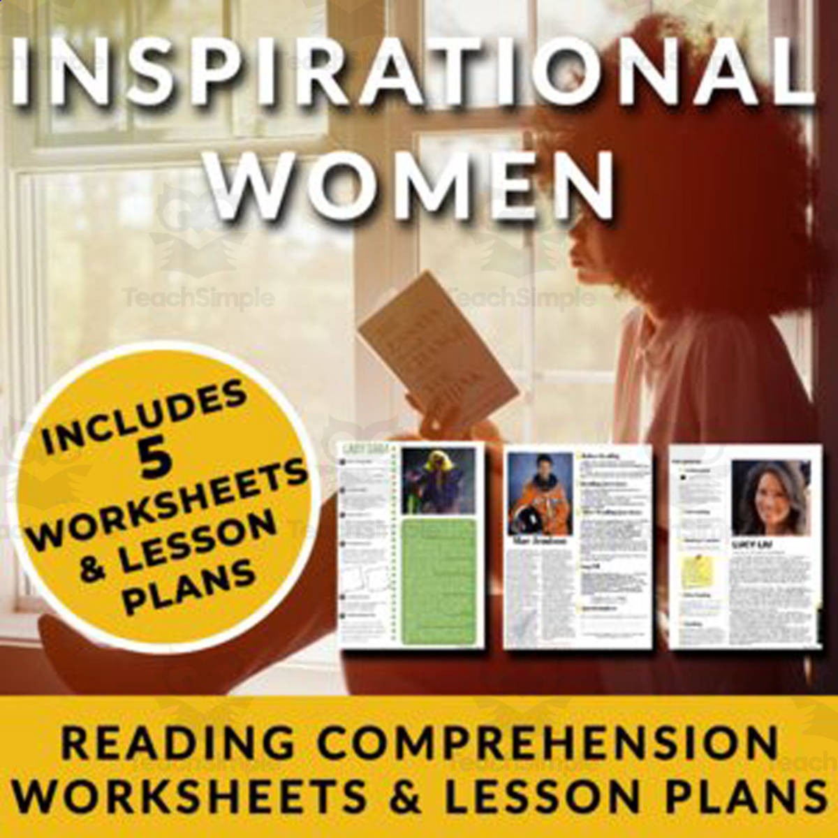 An educational teaching resource from The Laughing Linguist entitled Inspirational Women Reading Bundle: Empowering Comprehension Lessons on Lady Gaga, Lucy Liu, and Mae Jemison downloadable at Teach Simple.