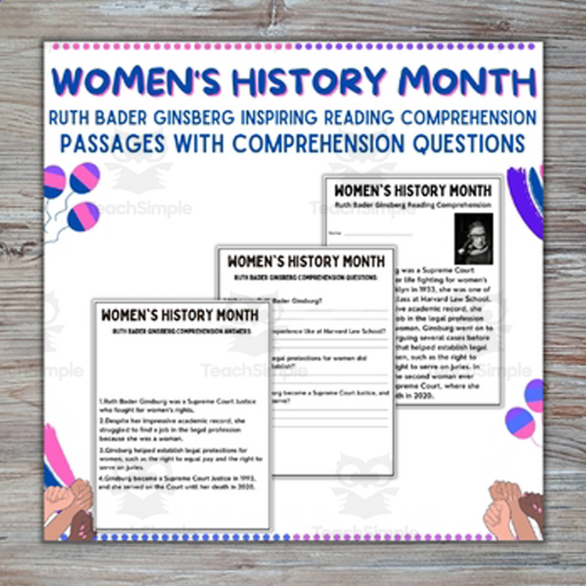 An educational teaching resource from Style Your Classroom entitled Inspiring Ruth Bader Ginsburg: Women's History Month Reading Passage! downloadable at Teach Simple.