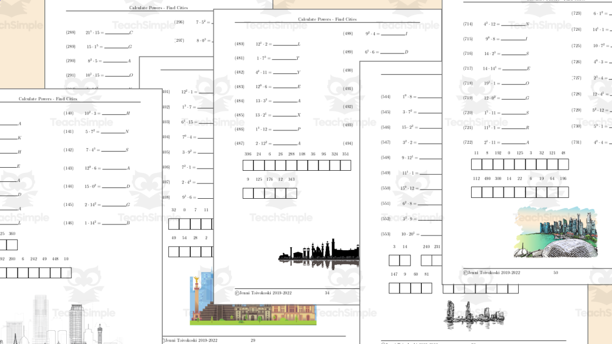 An educational teaching resource from TheBrightestKid entitled Integer Exponents and Multiplications Worksheet with Mystery Words about Cities downloadable at Teach Simple.