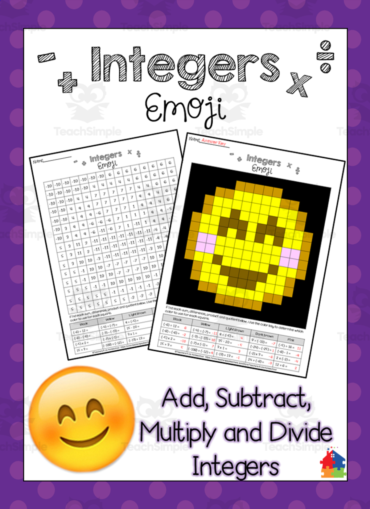 An educational teaching resource from Teachers R Us Homeschool entitled Integers Emoji Math Activity downloadable at Teach Simple.