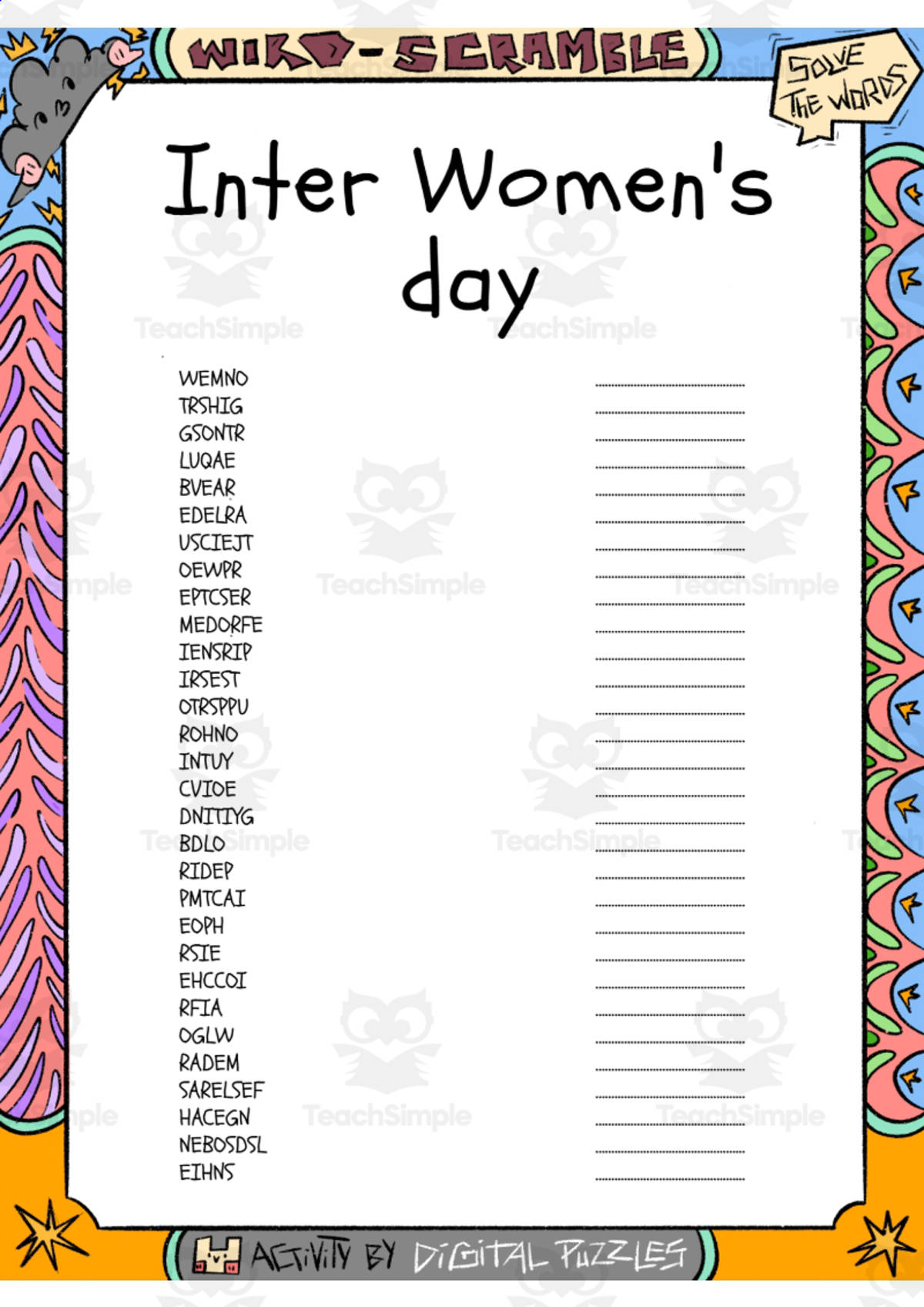 An educational teaching resource from Lapiiin Art Activities entitled Inter Women's day word Scramble puzzle worksheet downloadable at Teach Simple.
