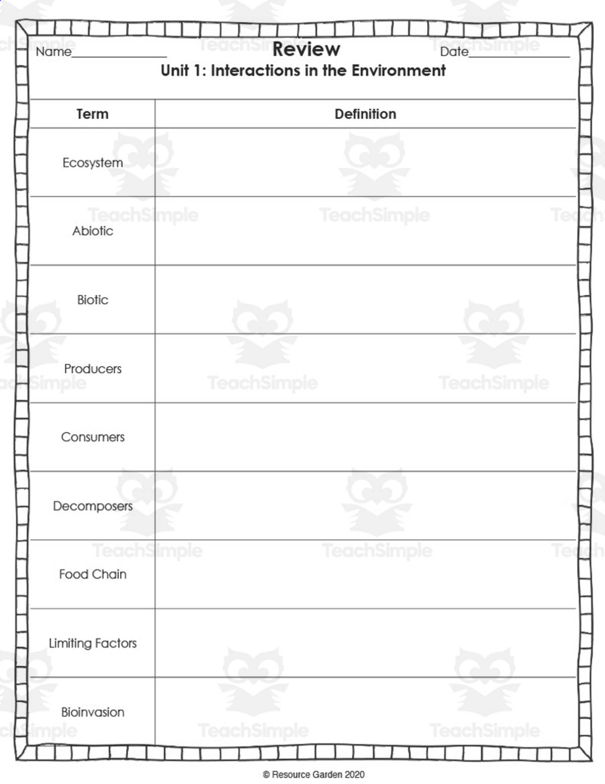An educational teaching resource from Resource Garden entitled Interactions in the Environment Review and Test downloadable at Teach Simple.