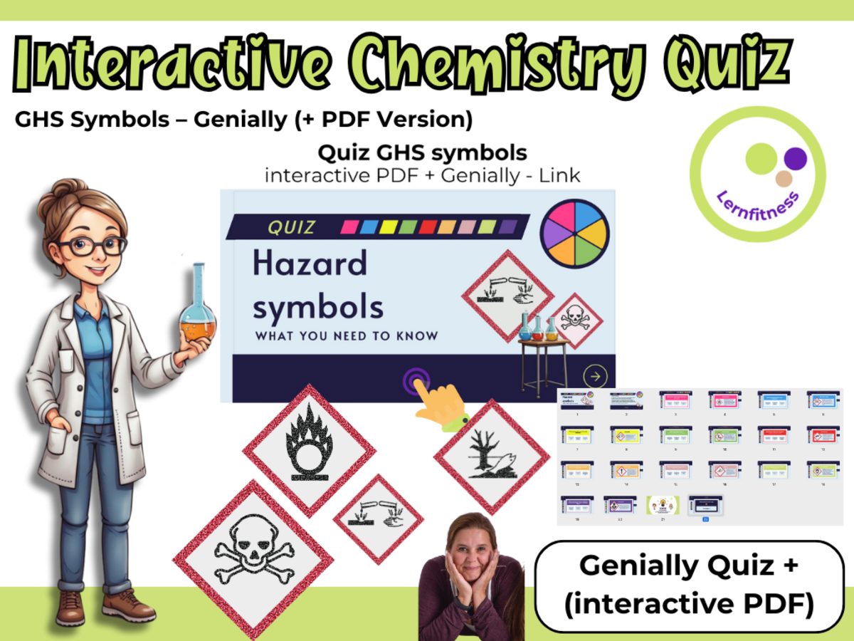 An educational teaching resource from Lernfitness entitled Interactive Chemistry Quiz: GHS Symbols – Genially + PDF Version downloadable at Teach Simple.