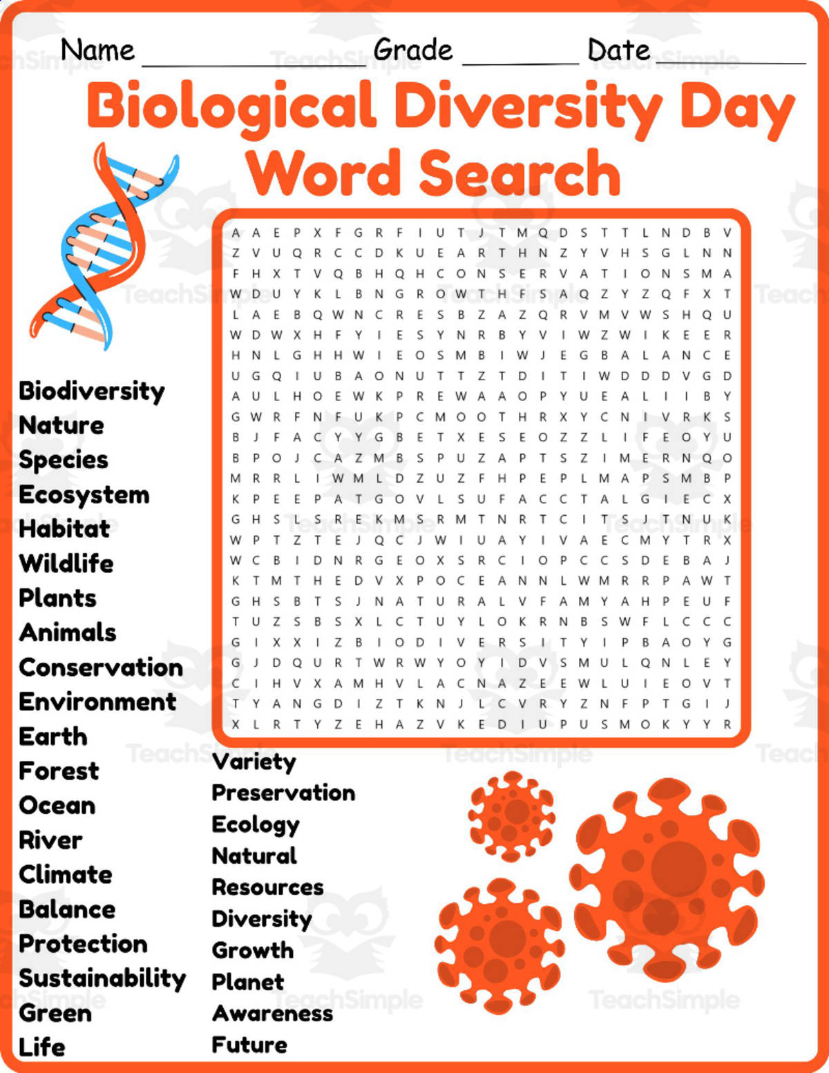 An educational teaching resource from Classsimple entitled International Day for Biological Diversity Word Search downloadable at Teach Simple.