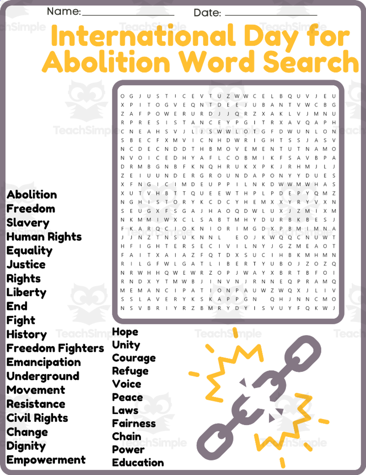 An educational teaching resource from space shope entitled International Day for the Abolition of Slavery Word Search Puzzle downloadable at Teach Simple.