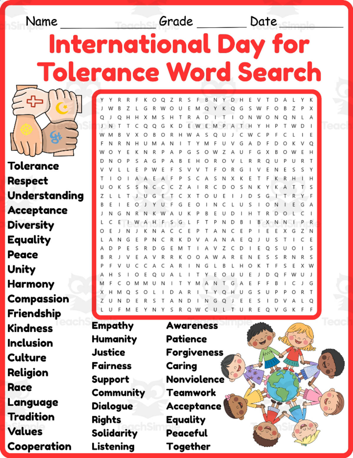An educational teaching resource from Classsimple entitled International Day for Tolerance Word Search 2nd 3rd 4th 5th Grade downloadable at Teach Simple.
