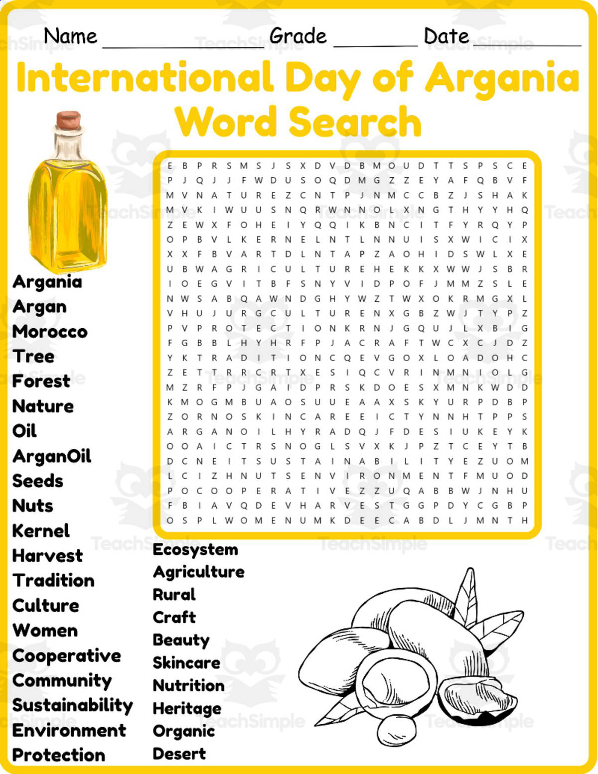 An educational teaching resource from Classsimple entitled International Day of Argania Word Search 2nd 3rd 4th 5th Grade downloadable at Teach Simple.