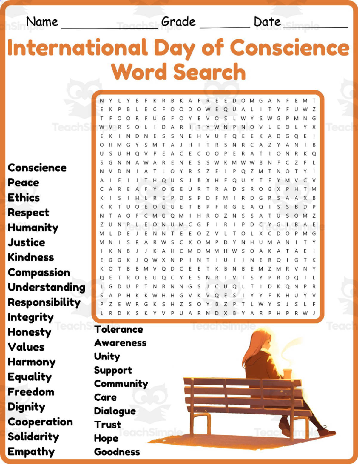 An educational teaching resource from Classsimple entitled International Day of Conscience Word Search 2nd 3rd 4th 5th Grade downloadable at Teach Simple.