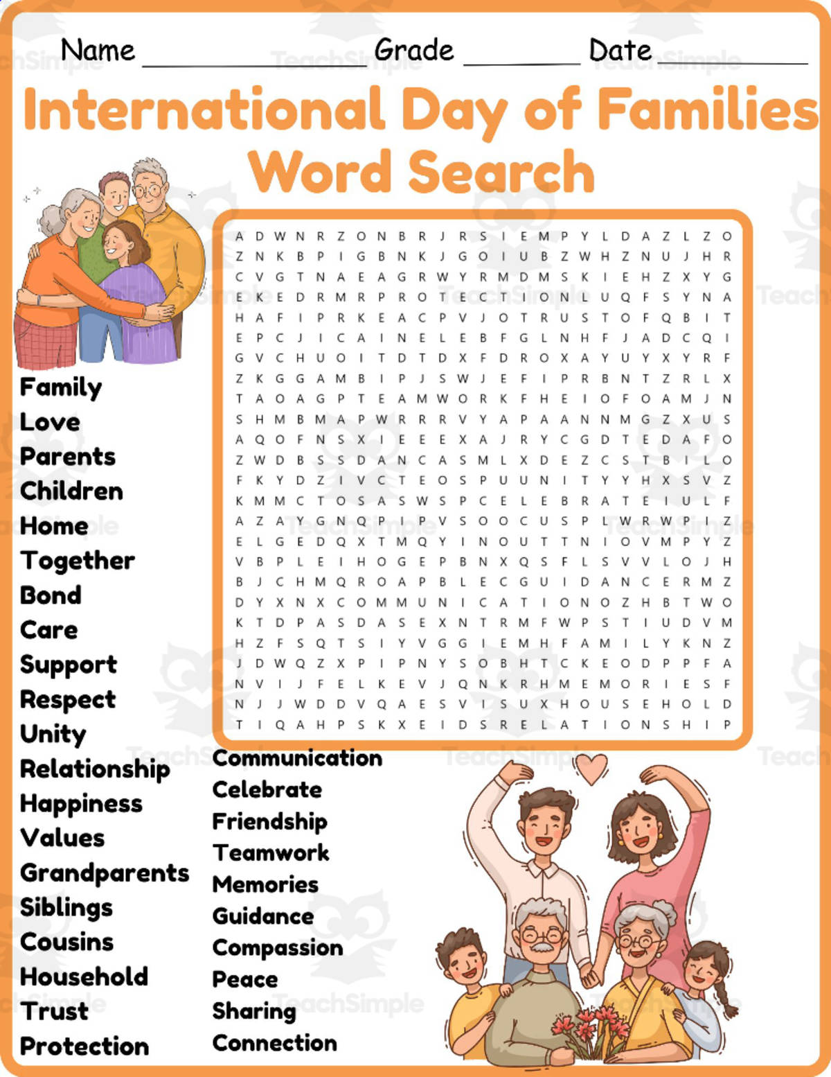 An educational teaching resource from Classsimple entitled International Day of Families Word Search 2nd 3rd 4th 5th Grade downloadable at Teach Simple.