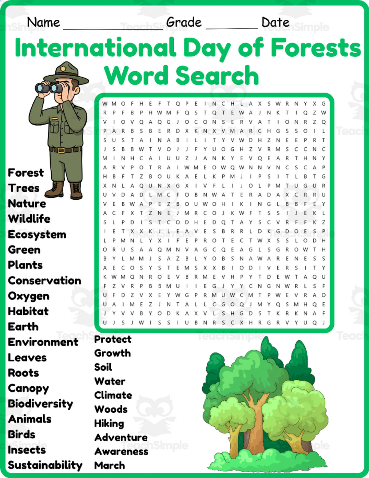 An educational teaching resource from Classsimple entitled International Day of Forests Word Search 2nd 3rd 4th 5th Grade downloadable at Teach Simple.