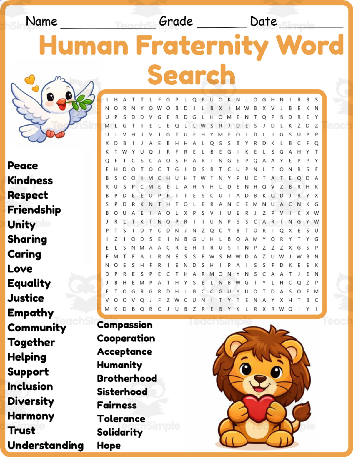 An educational teaching resource from Classsimple entitled International Day of  Fraternity Word Search 2rd 3th 4th 5th Grade downloadable at Teach Simple.