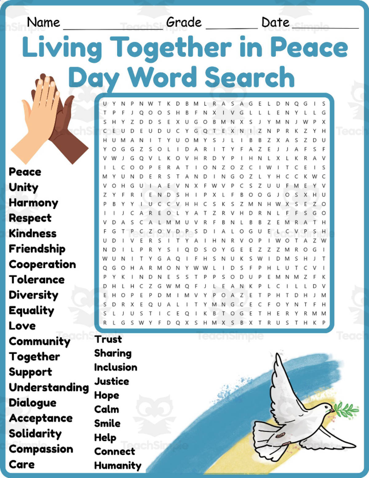 An educational teaching resource from Classsimple entitled International Day of Living Together Word Search 2nd 3rd 4th grade downloadable at Teach Simple.
